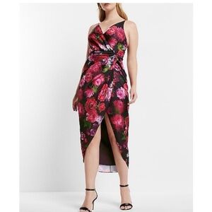 Express Satin Floral Twist  Wrap Dress - Black and Pink